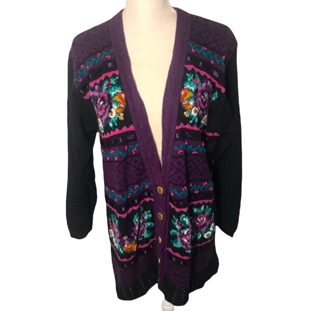 Vintage Jantzen chunky warm winter purple black floral cardigan sweater large